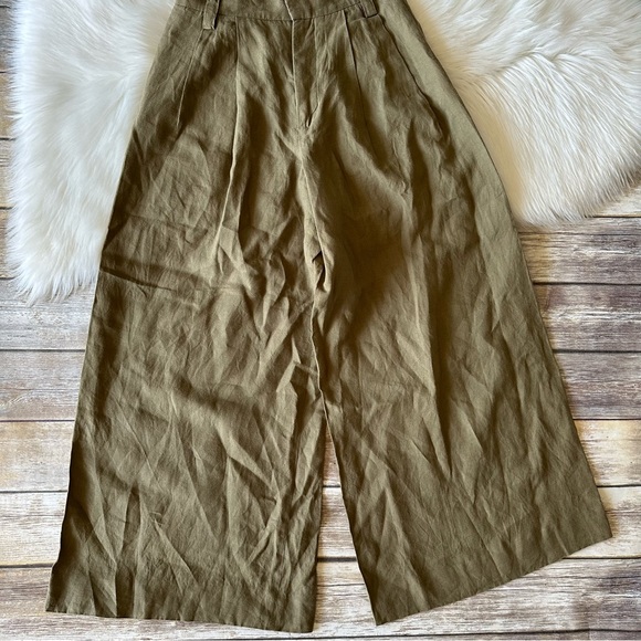Zara 100% Linen High Waisted Super Wide Leg Trouser Pants S Green - Picture 5 of 8